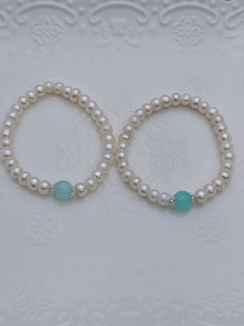 26B312 Handmade Freshwater Pearl Stretchable Bracelet 7” Aqua Marine Beads